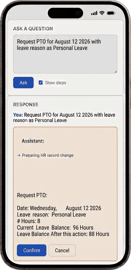 People Fabrix staging a PTO balance change and waiting for the employee to confirm or cancel it